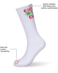 A pair of white socks with flowers on them.