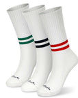 Three pair of white and red and blue and green socks.