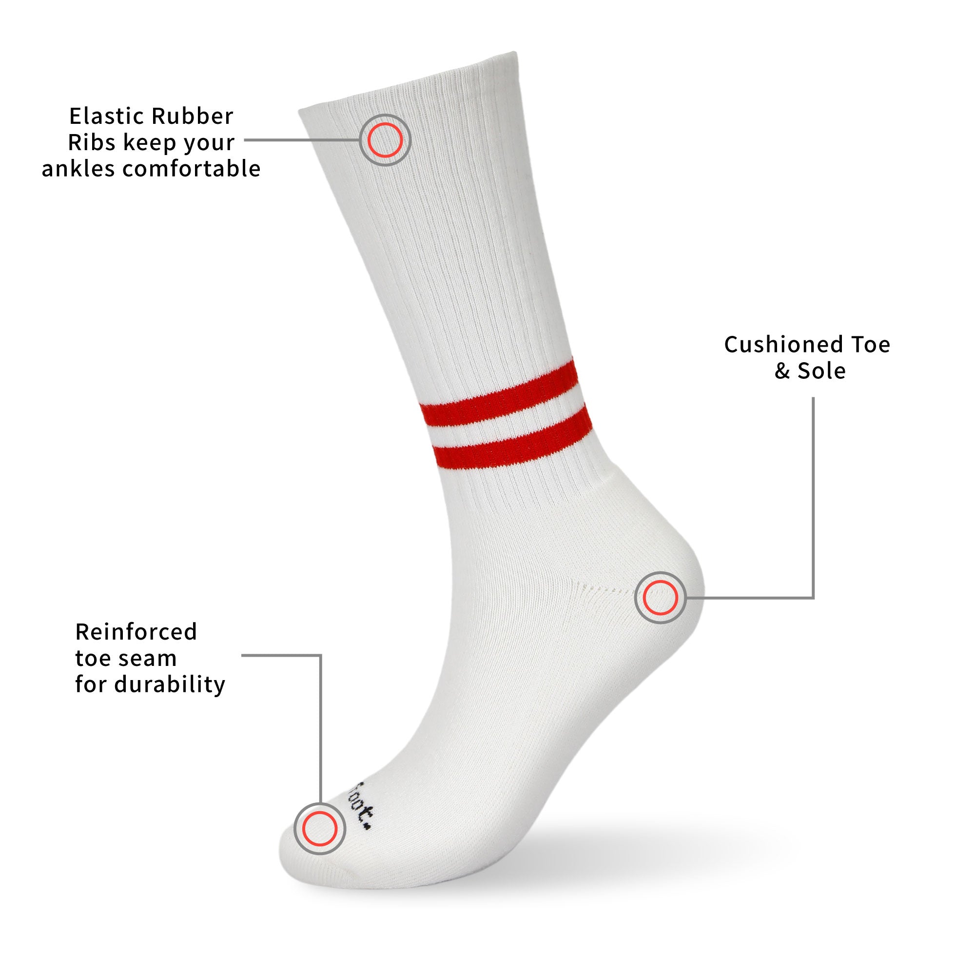 A white sock with red stripes on it.