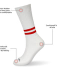 A white sock with red stripes on it.