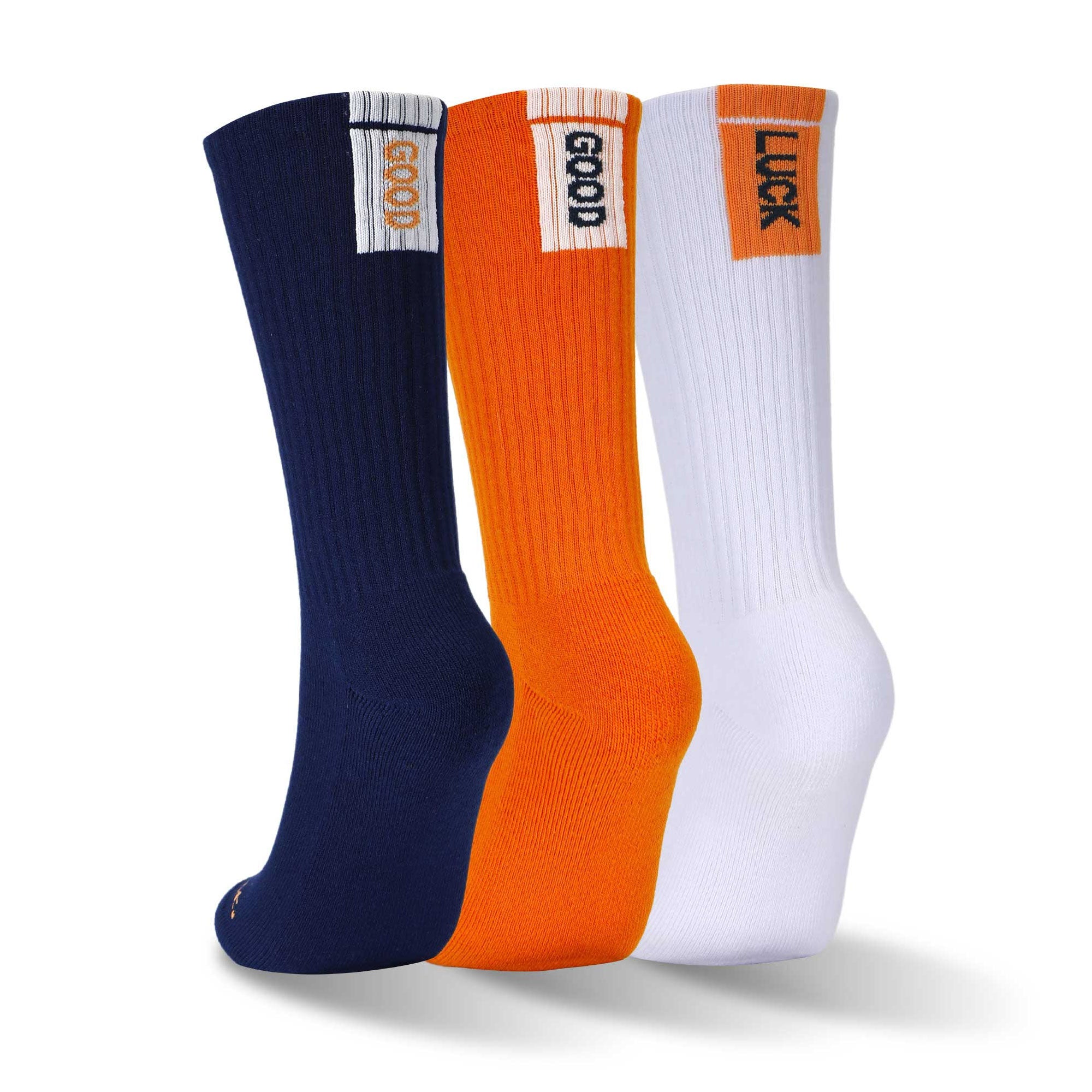 Three pairs of socks with orange, white and blue socks - Athletic Cushion Good luck Multi Crew 3 Pairs Socks.
