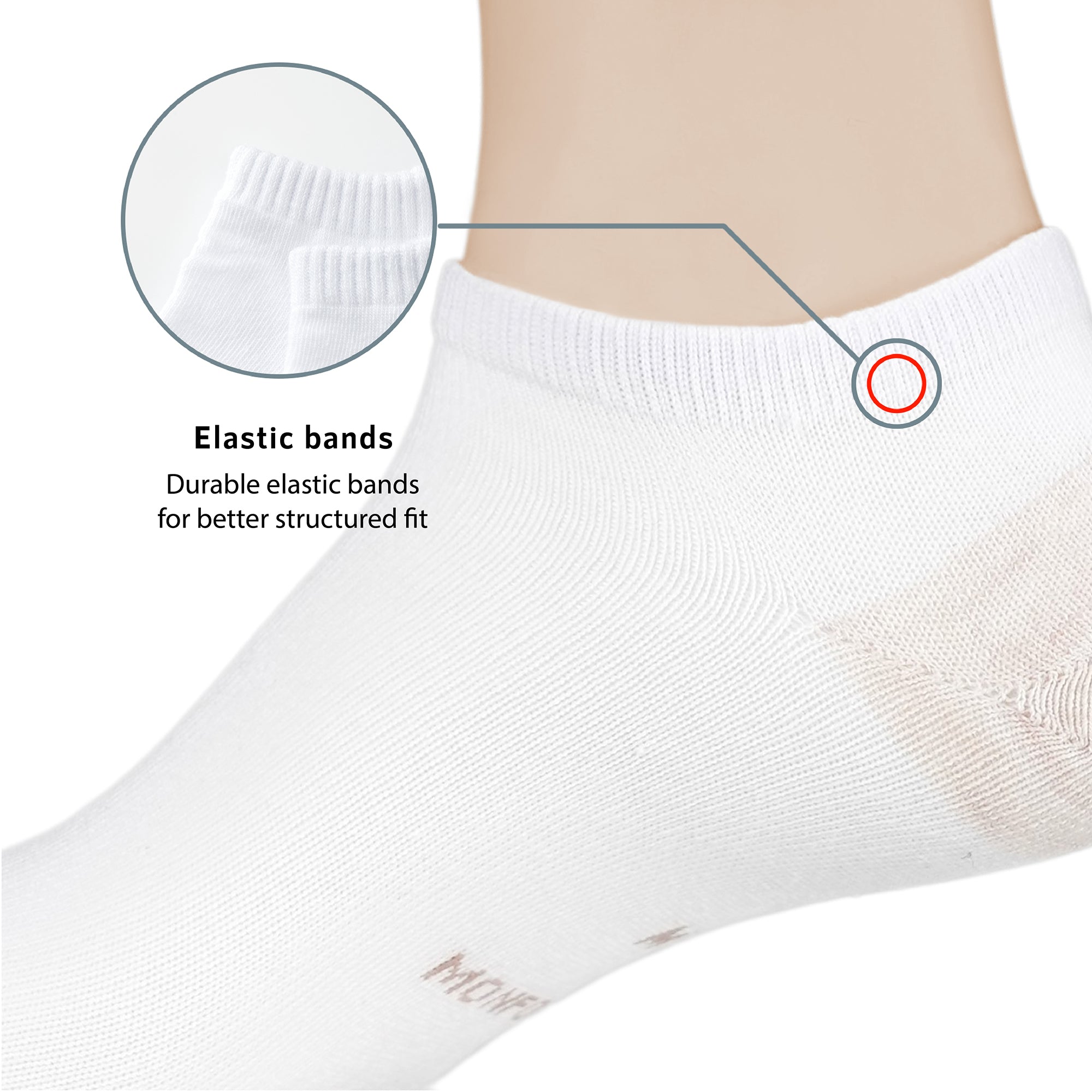 A pair of white socks with a red dot on the ankle.