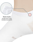 A pair of white socks with a red dot on the ankle.