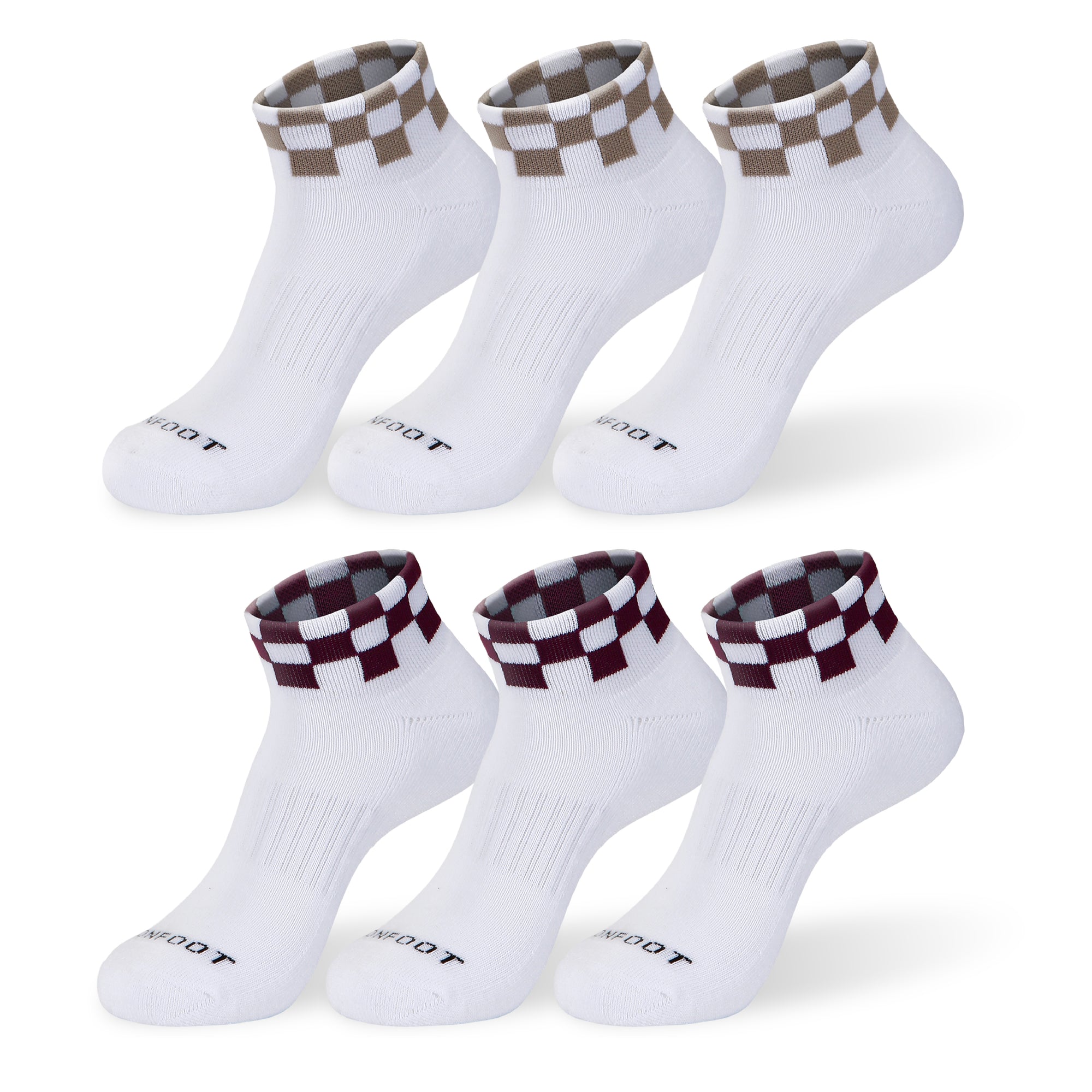 Four pair of white and red and brown socks.