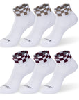 Four pair of white and red and brown socks.