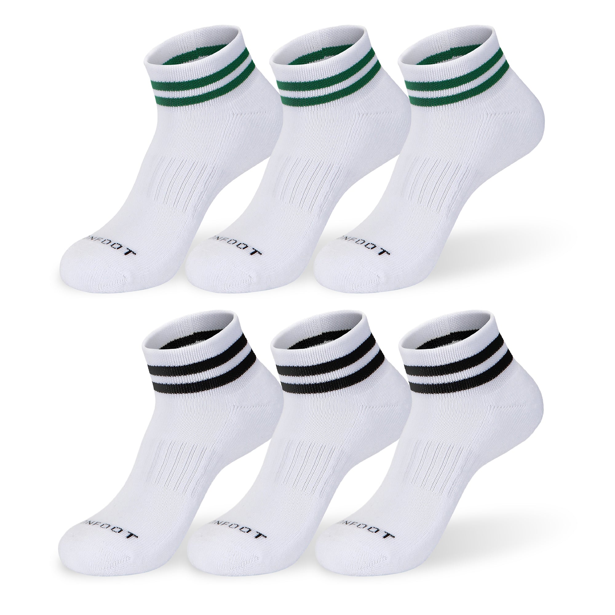 Five pair of black and white and green socks.