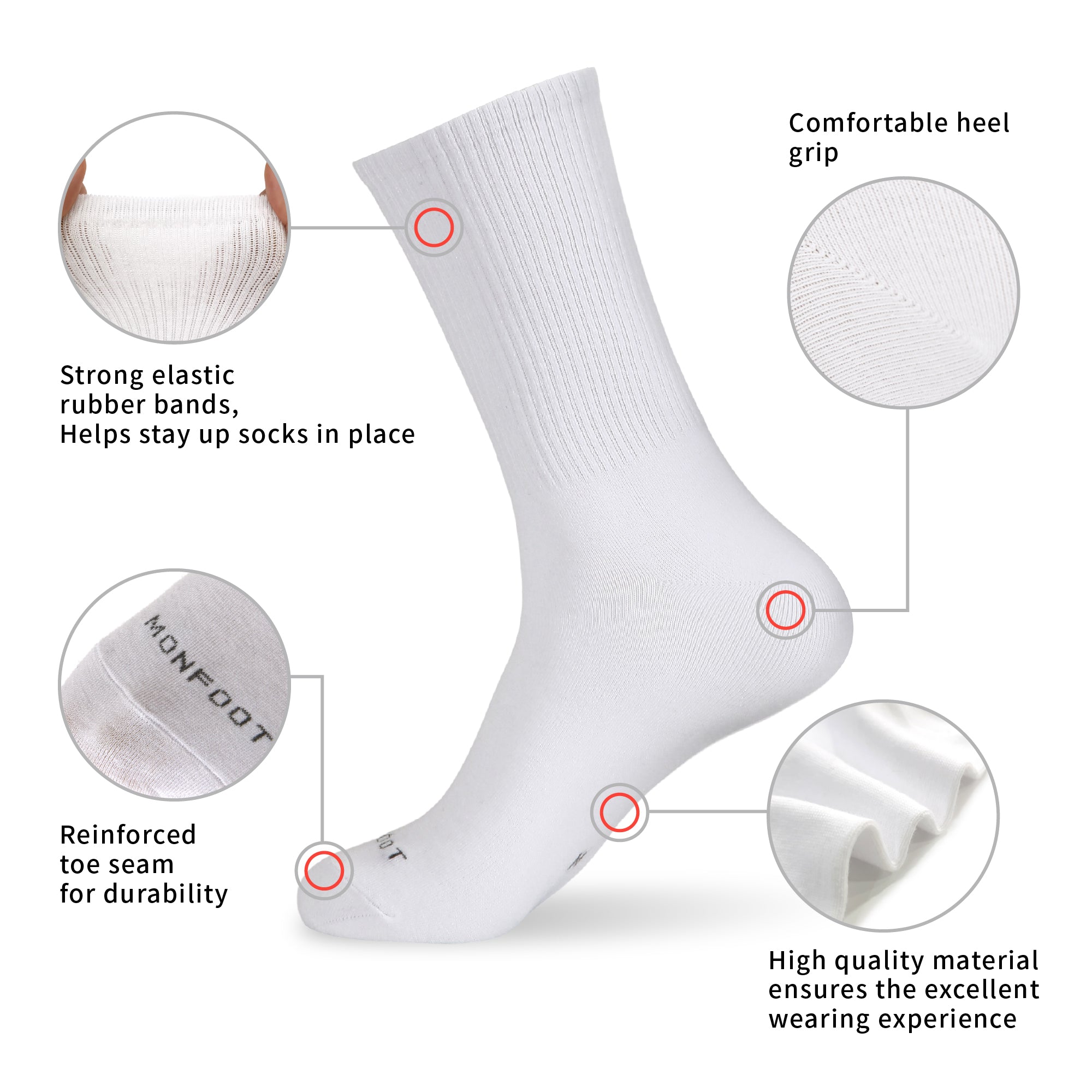 A pair of white socks with different features.