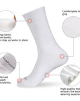 A pair of white socks with different features.