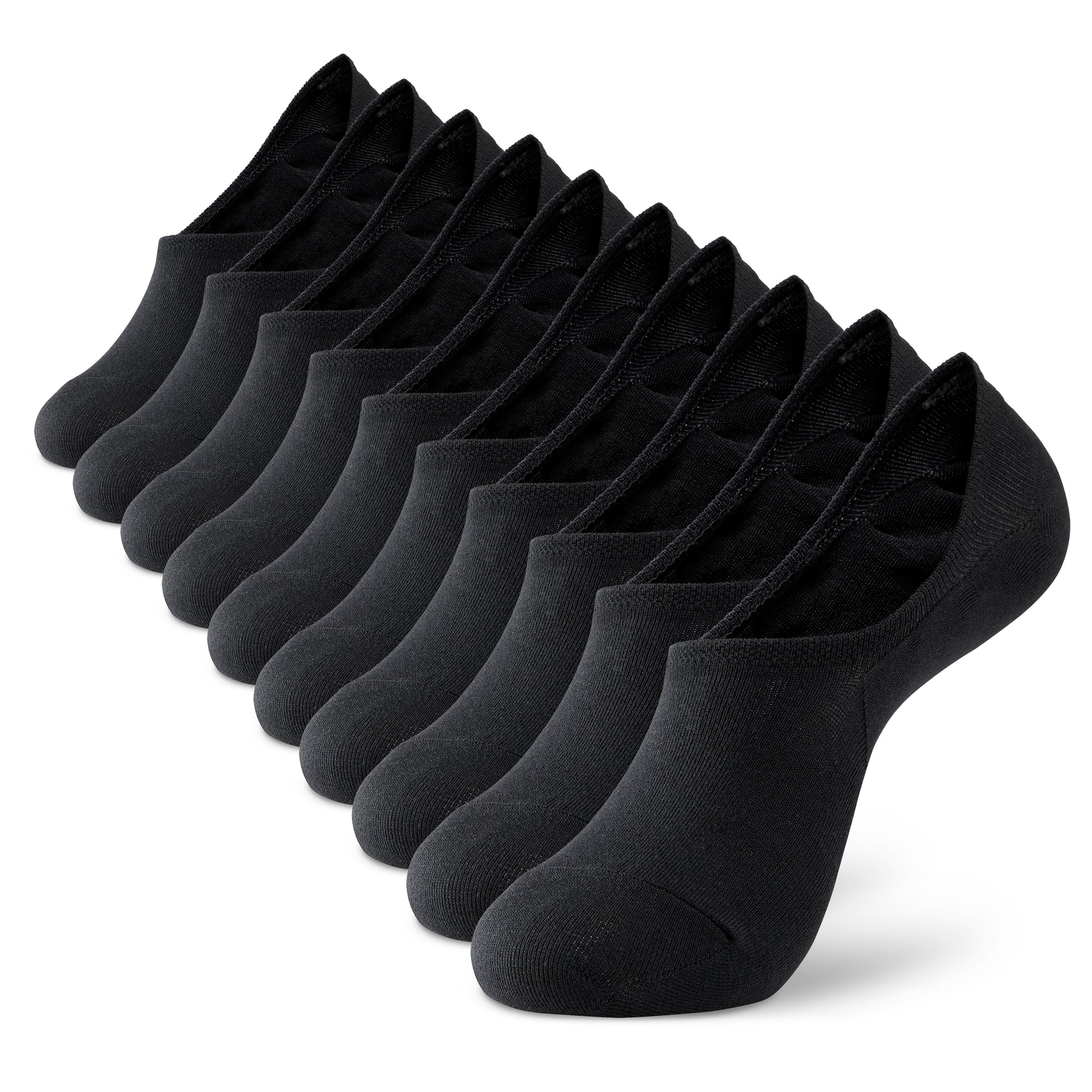 A dozen of black socks sitting on top of each other.