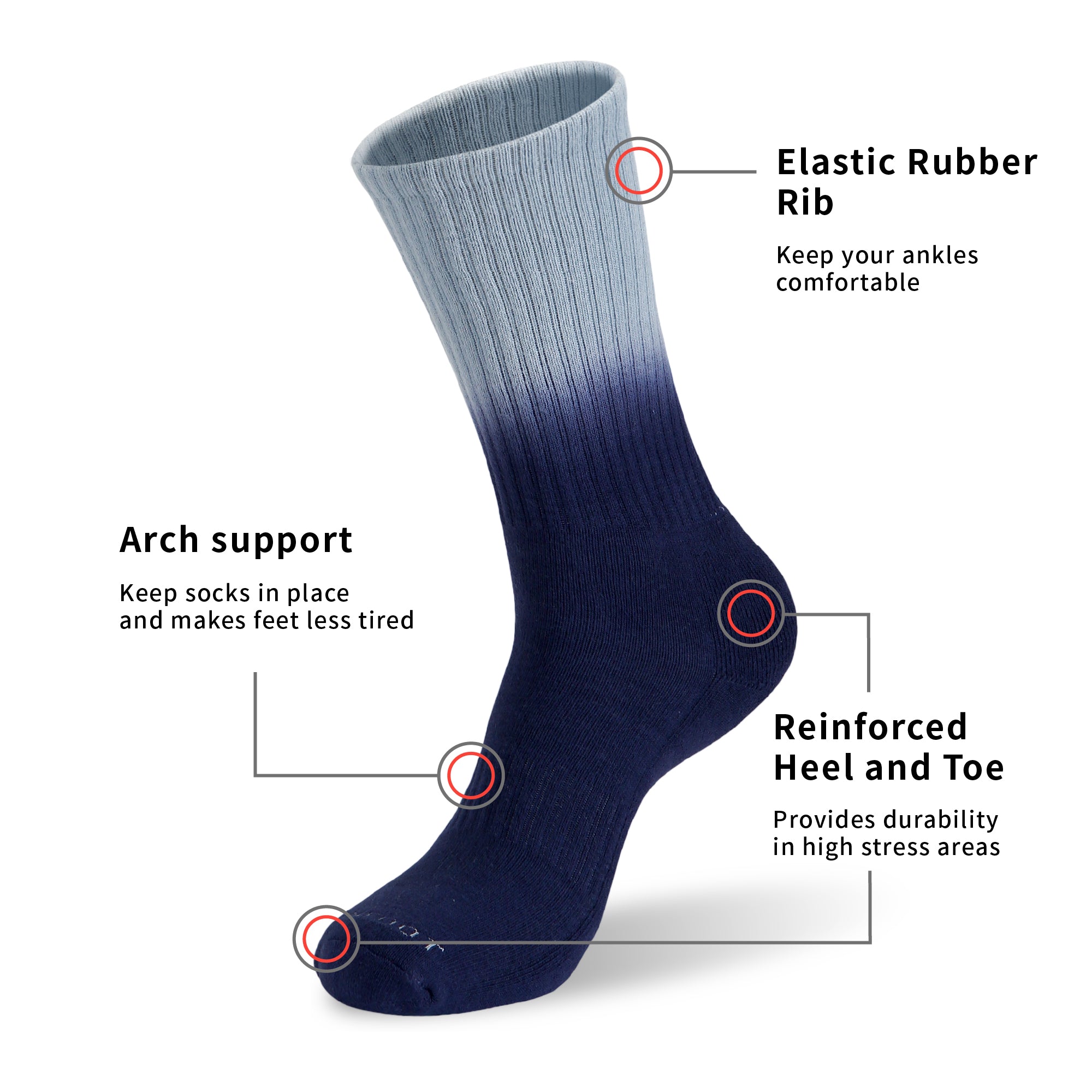 A pair of blue socks with labels on them.