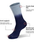 A pair of blue socks with labels on them.
