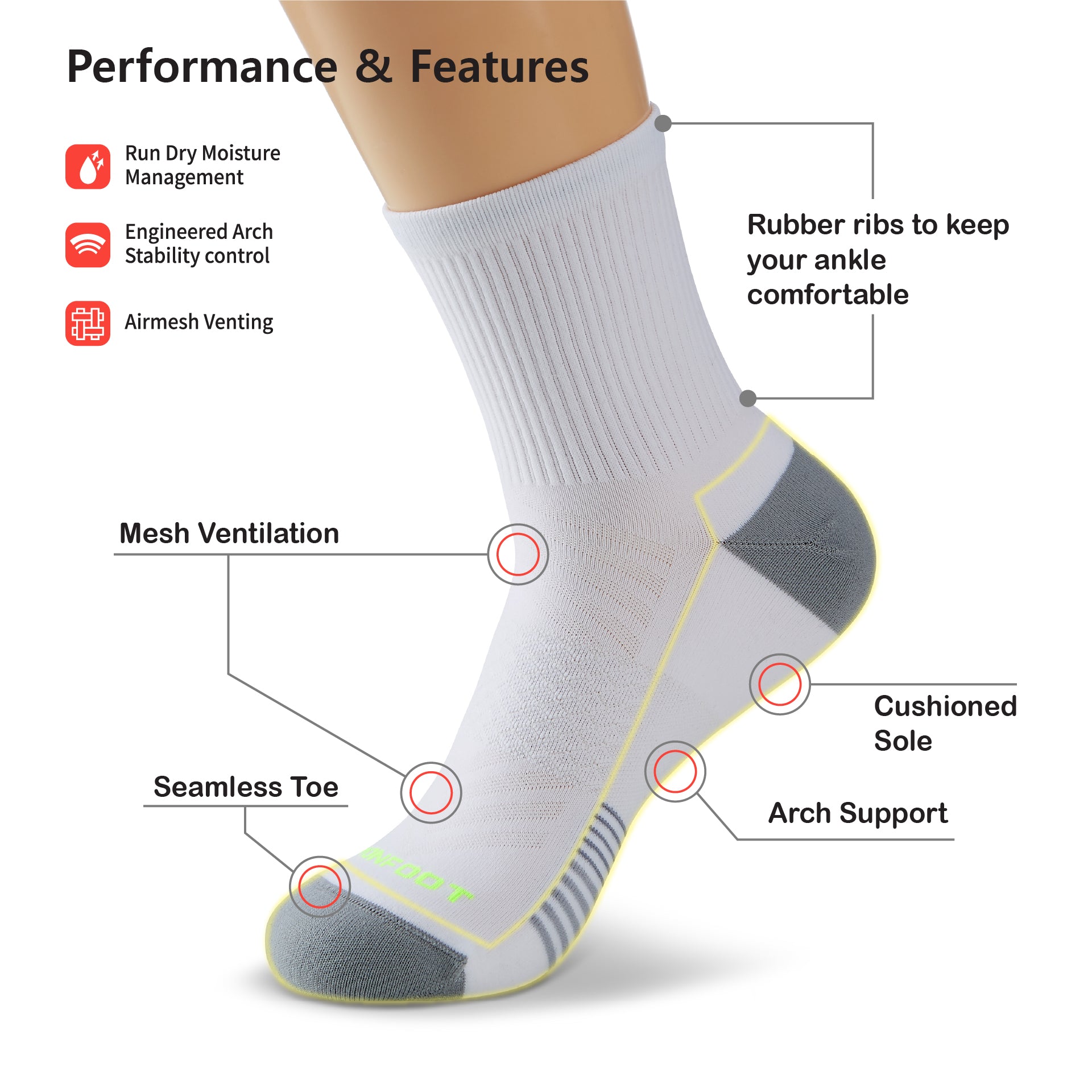 A pair of socks with different features.