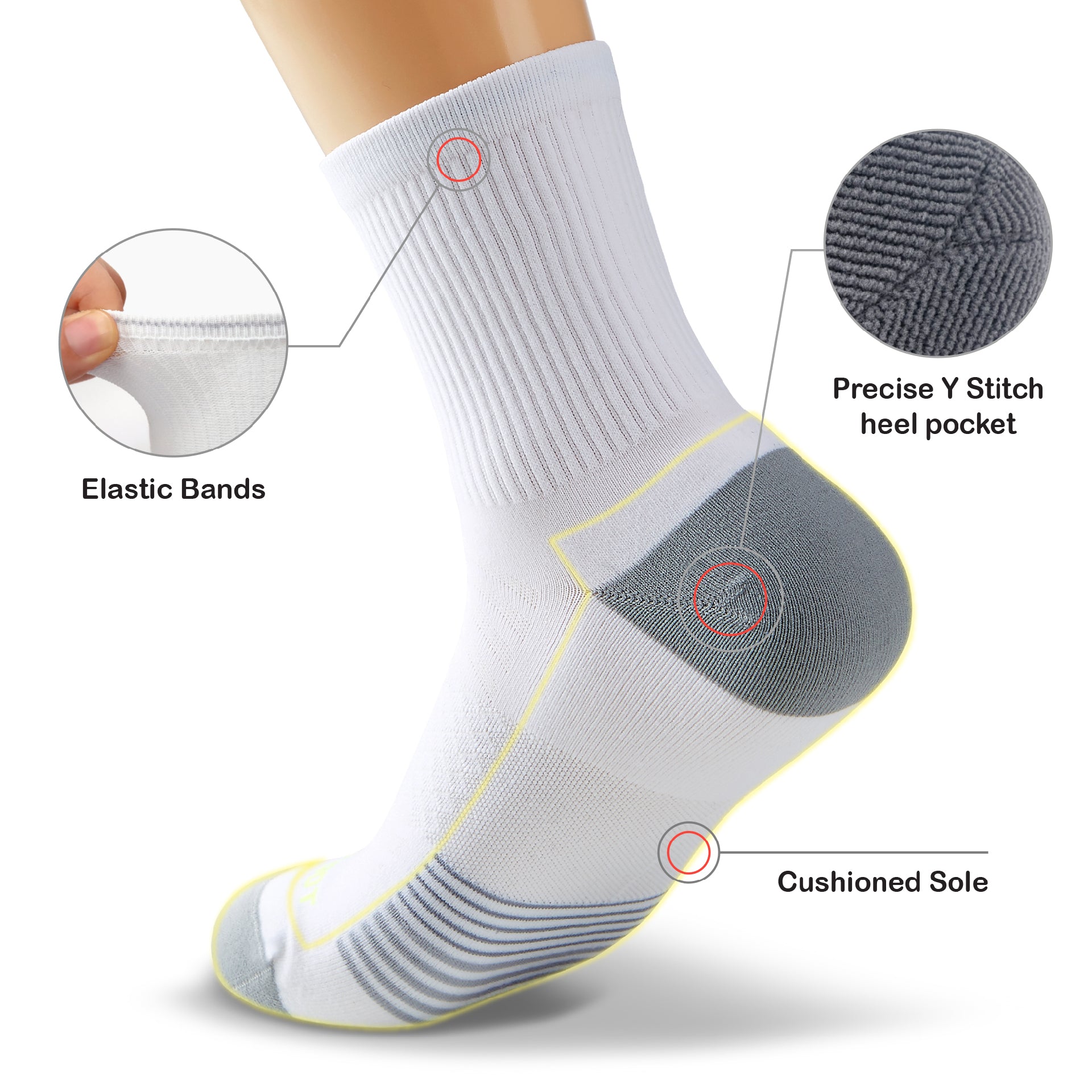 A pair of white socks with different features.