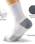 A pair of white socks with different features.