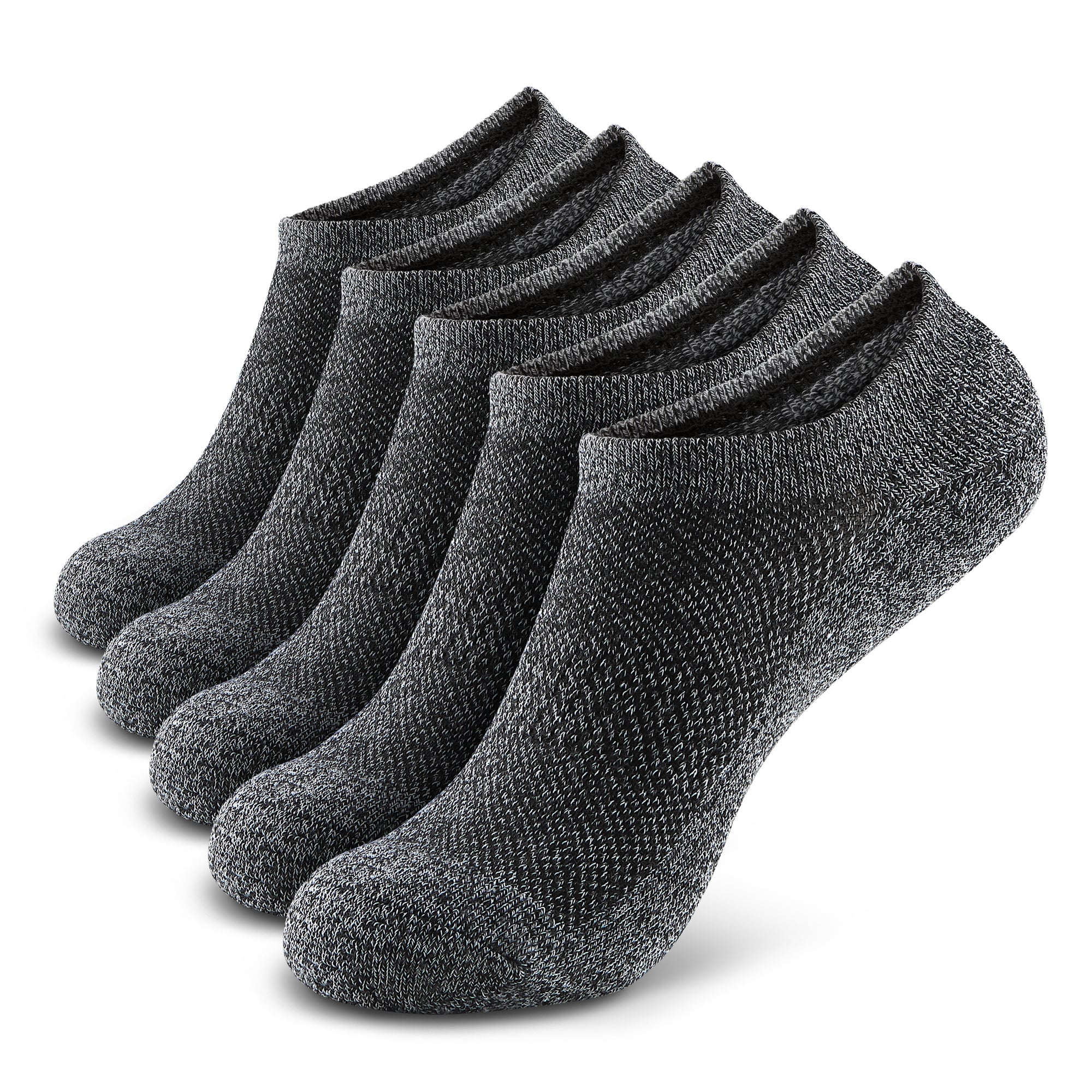Five pair of white and gray socks.