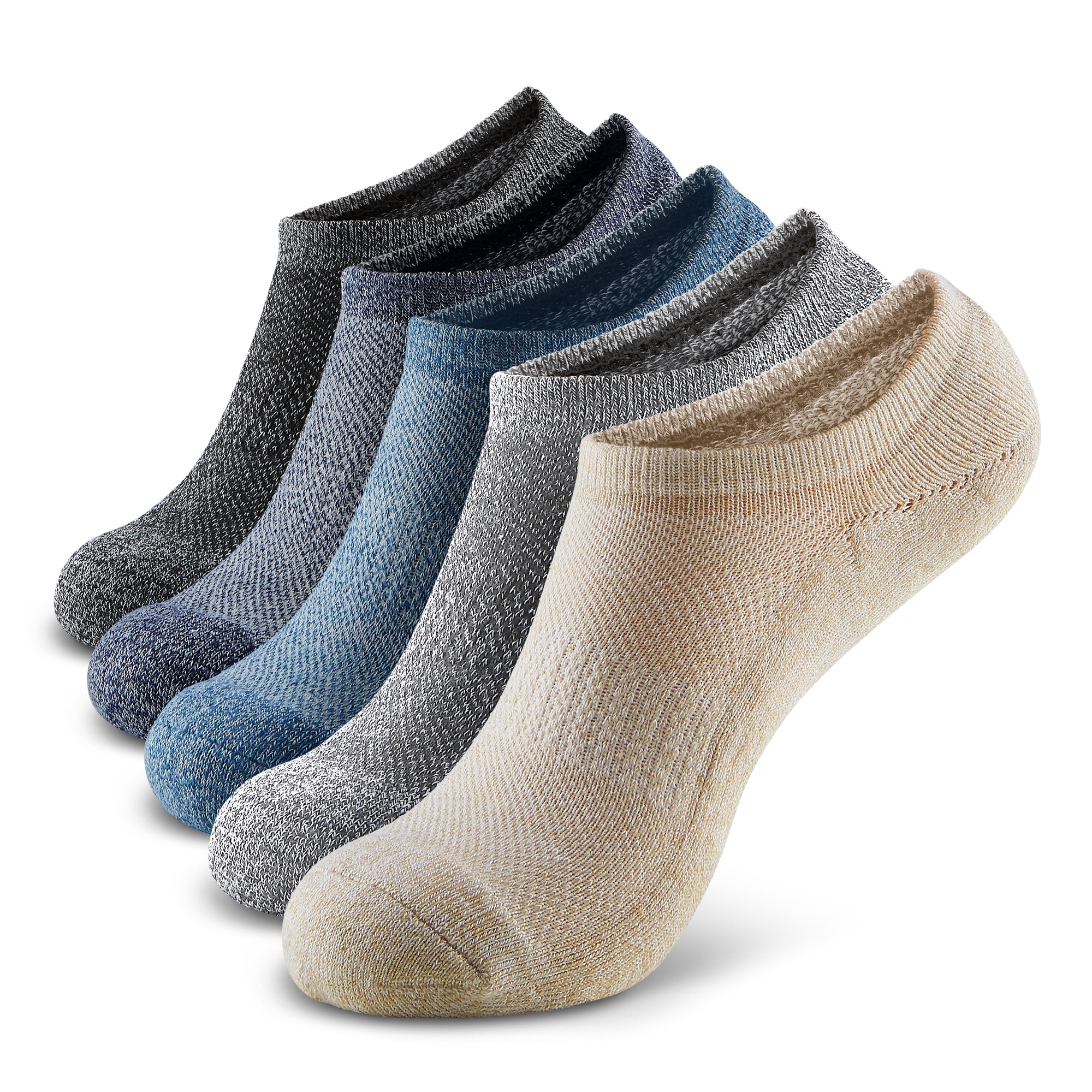Five pairs of men's socks in various colors.