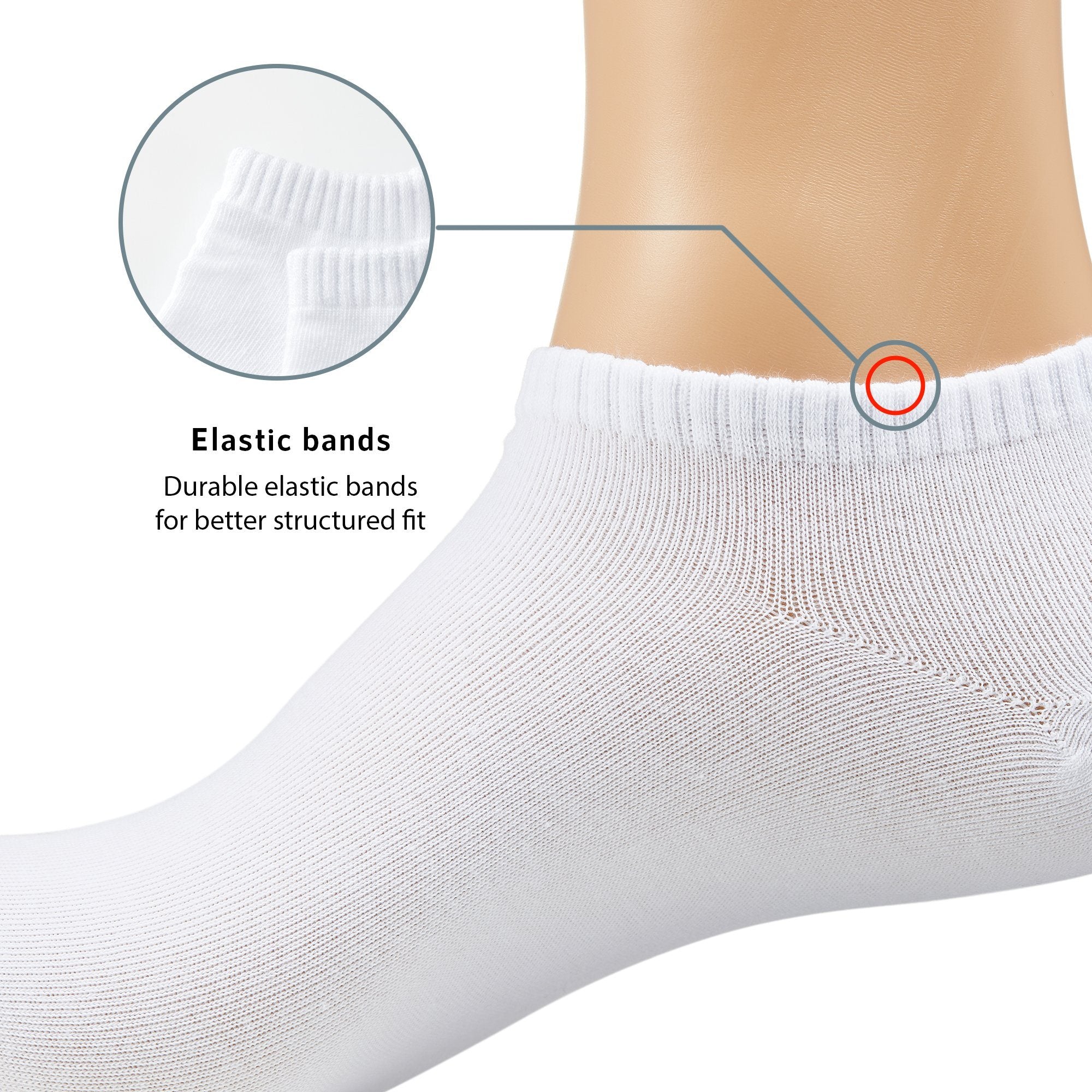 A pair of white socks with the words elastic bands.