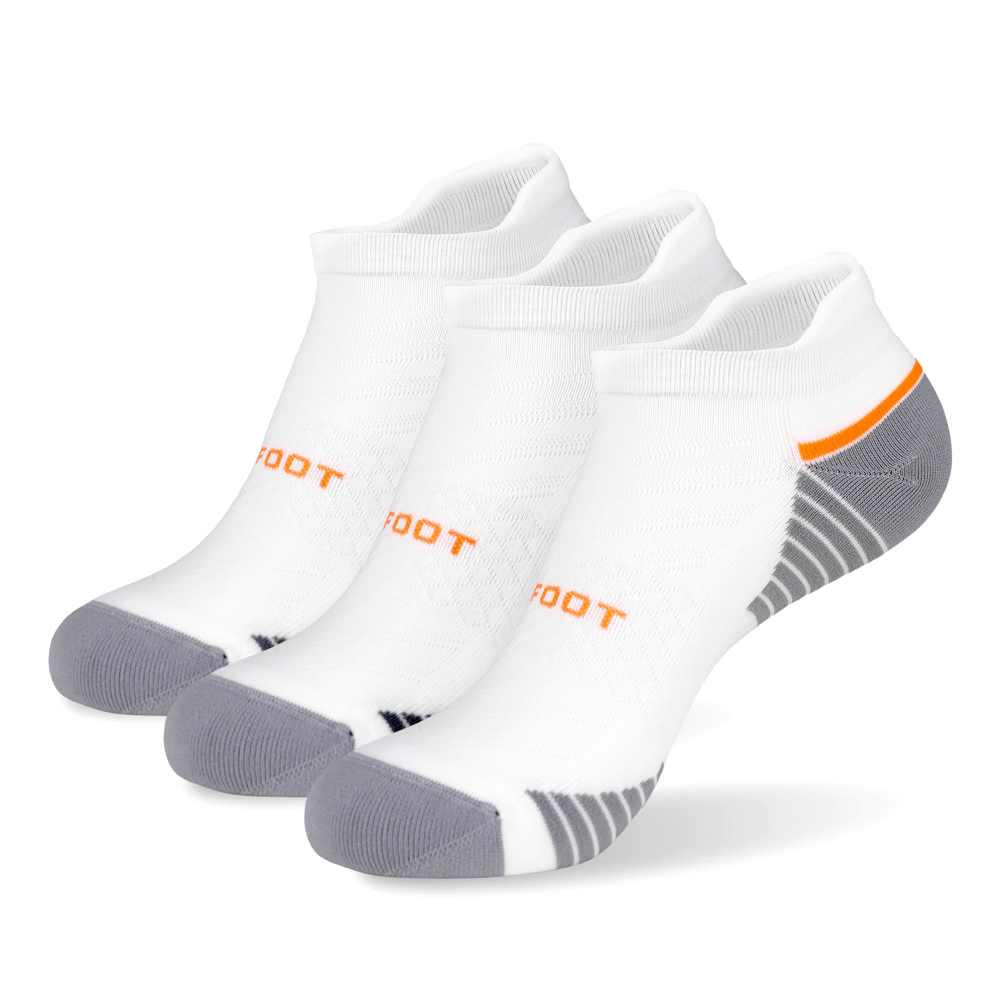 Three pair of white and orange socks.