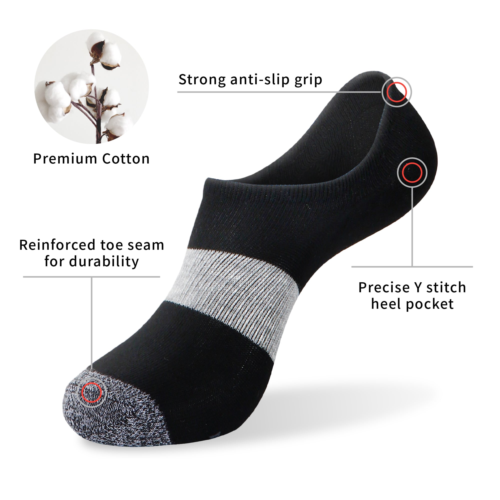 A pair of black and white socks with a description.