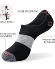 A pair of black and white socks with a description.