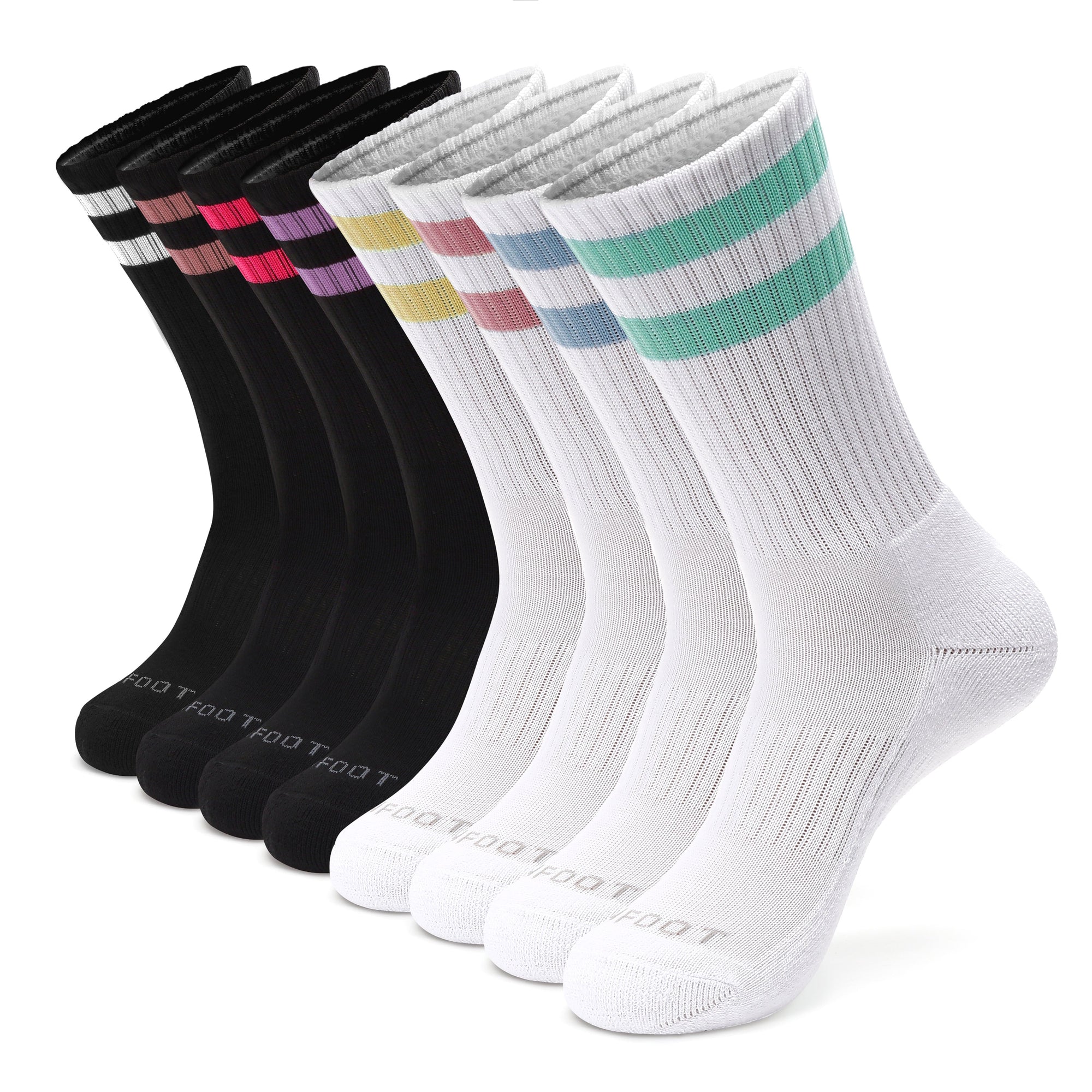 Five pair of white and colorful socks.