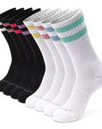 Five pair of white and colorful socks.