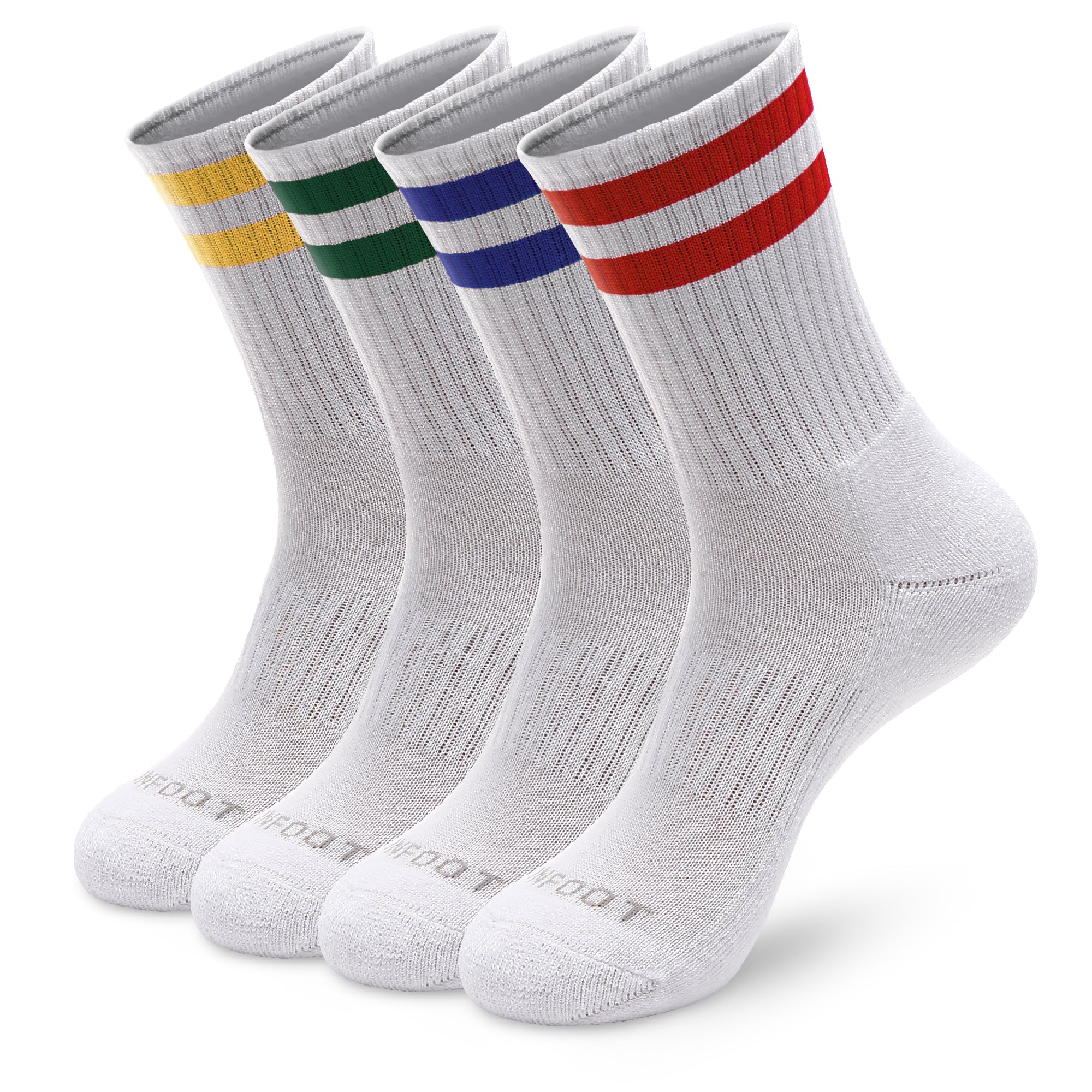 Five pair of white and colorful socks.