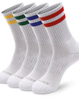 Five pair of white and colorful socks.