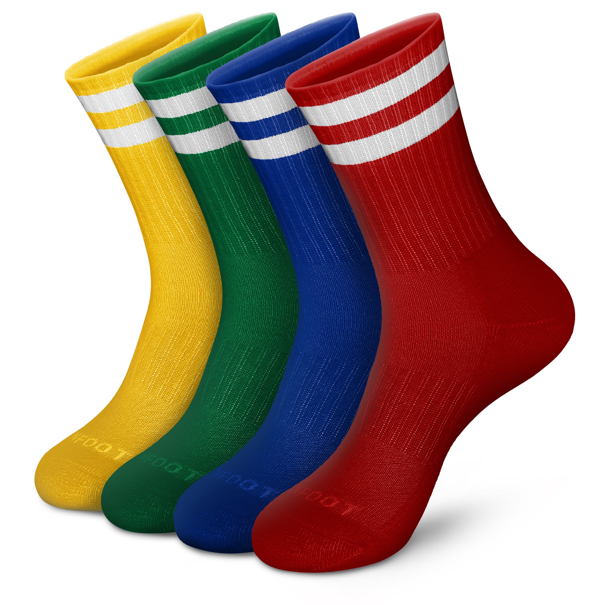 Five pair of white and colorful socks.