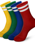 Five pair of white and colorful socks.