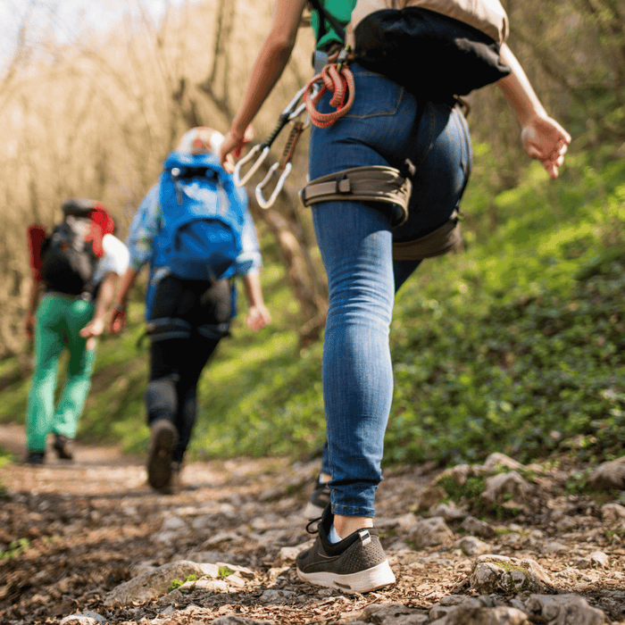 Group of hikers walking on a forest trail, with focus on the legs of the person in the foreground wearing hiking shoes and carrying gear.