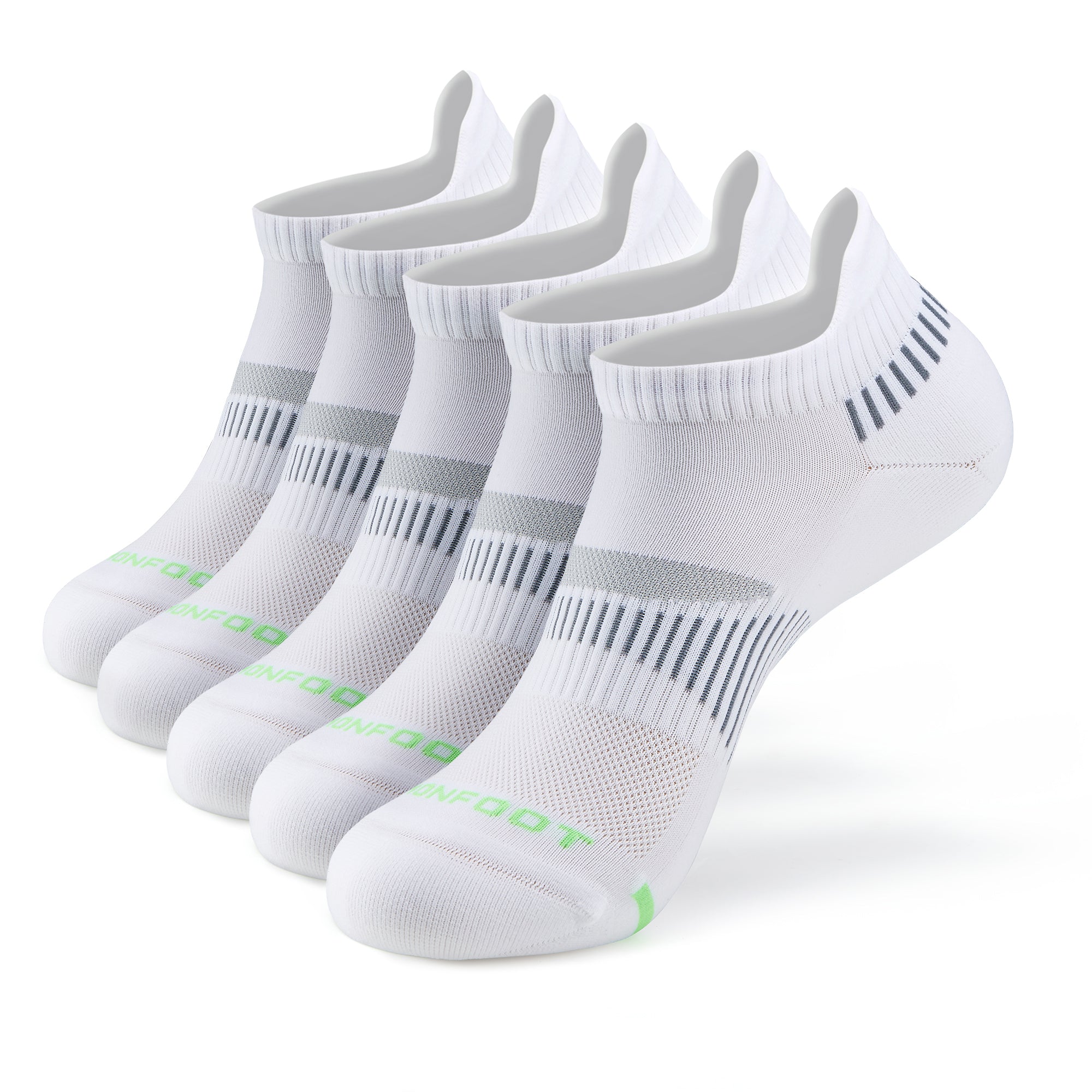 Five pairs of white ankle socks neatly arranged in a row, each featuring a minimalist design with subtle gray stripes and the word &#39;Monfoot&#39; in green on the toe. The socks have a ribbed cuff and mesh panels for breathability.