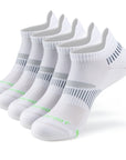 Five pairs of white ankle socks neatly arranged in a row, each featuring a minimalist design with subtle gray stripes and the word 'Monfoot' in green on the toe. The socks have a ribbed cuff and mesh panels for breathability.