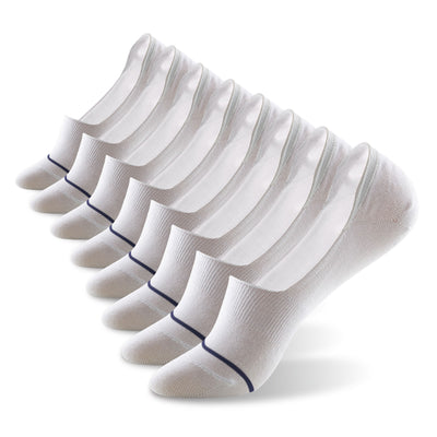 A row of white socks with blue stripes.