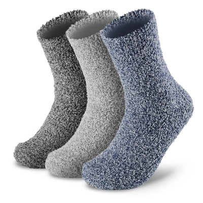 Three pairs of socks with fuzzy socks on them.
