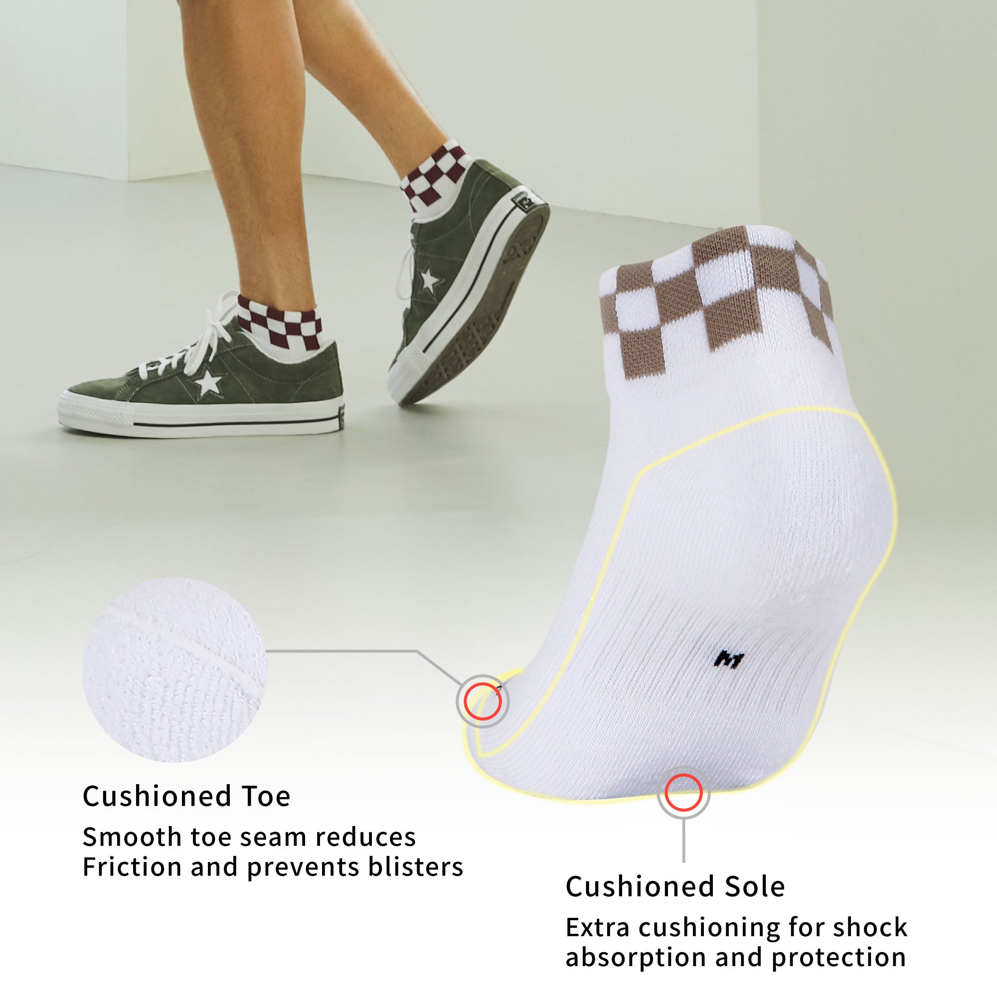 Cushioned Checker-border Quarter 6 Pairs Socks