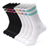 Five pair of white and colorful socks.