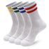 Five pair of white and colorful socks.