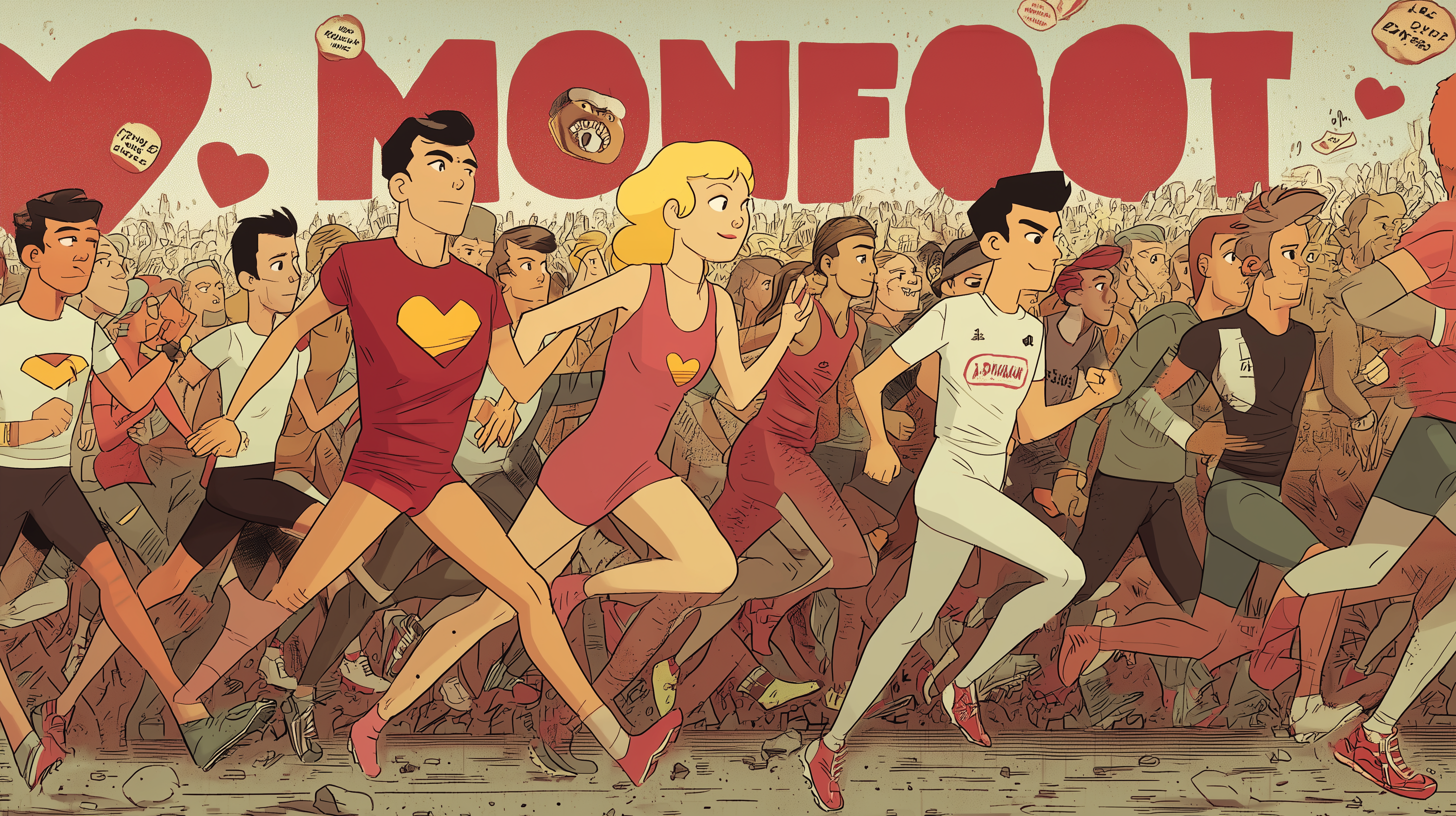 Illustrated running crowd with hearts celebrating Monfoot marathon